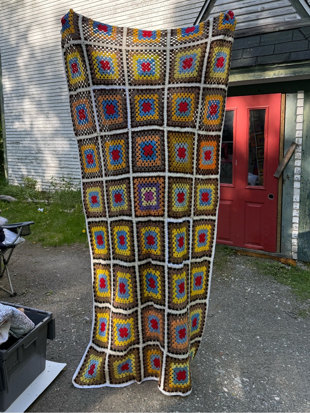 Handmade Multicolor Crochet trow Blanchet — Brown, Yellow & Red Patchwork